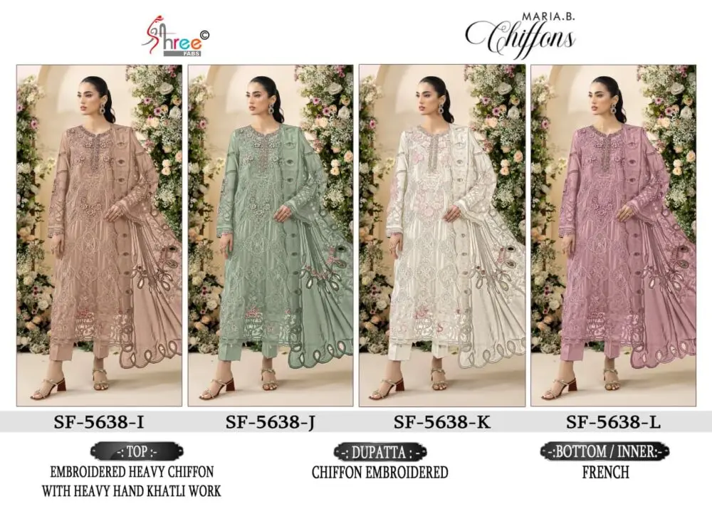 Shree Fabs SF-5638 collage showing four embroidered chiffon suit colours I to L
