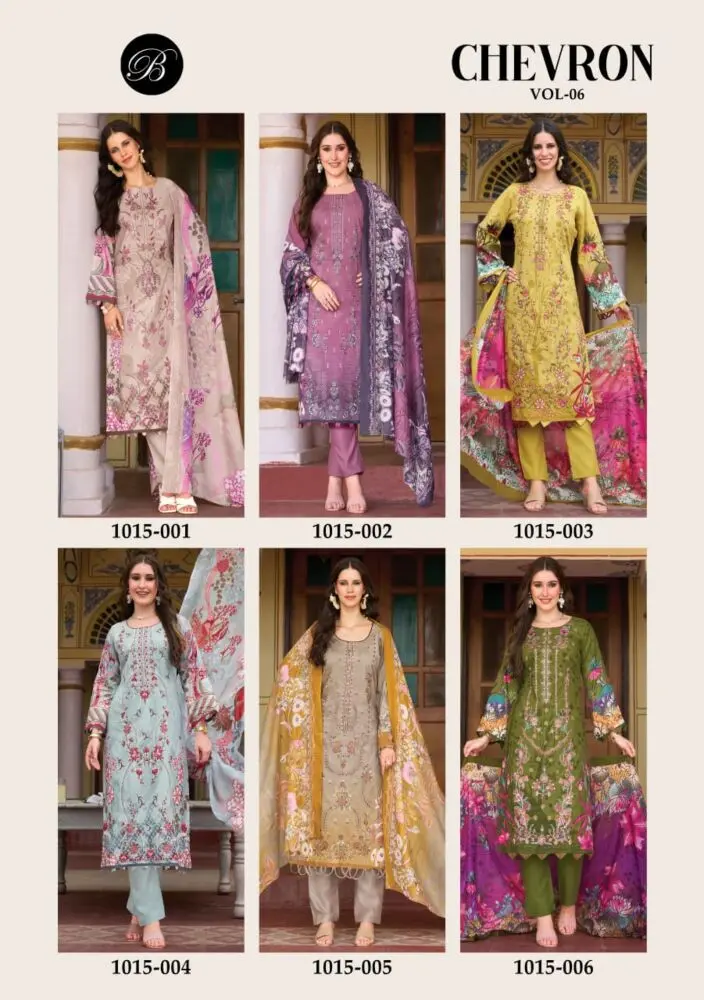 Belliza Chevron Vol 6 collage showing all six embroidered cotton suit designs 1015-001 to 1015-006