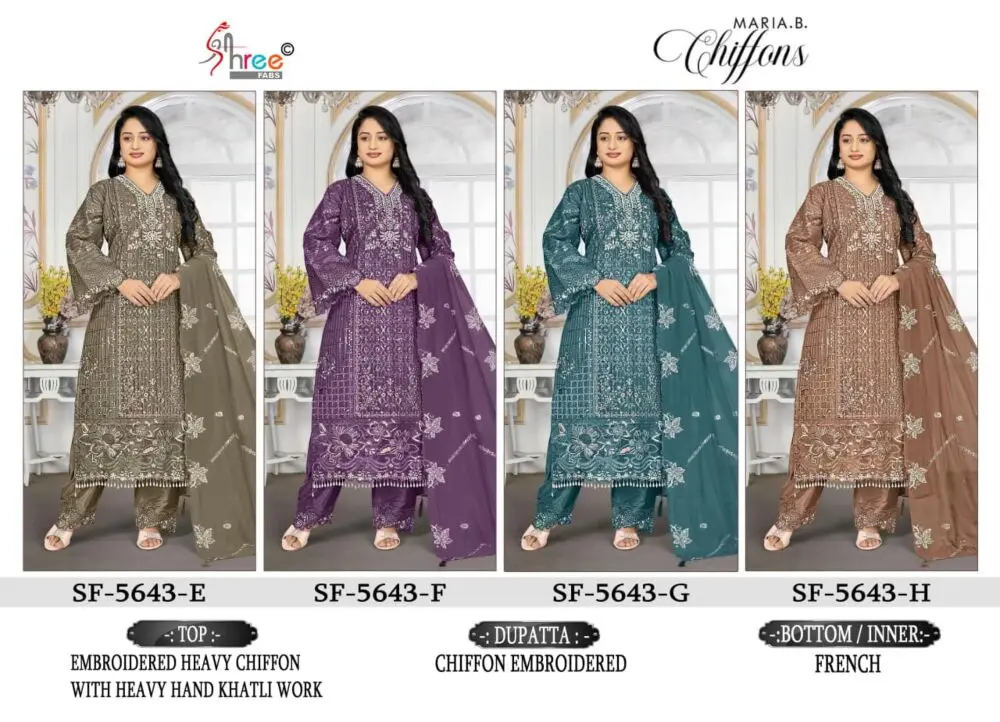 Shree Fabs SF-5643 collage showing four embroidered chiffon suits E to H