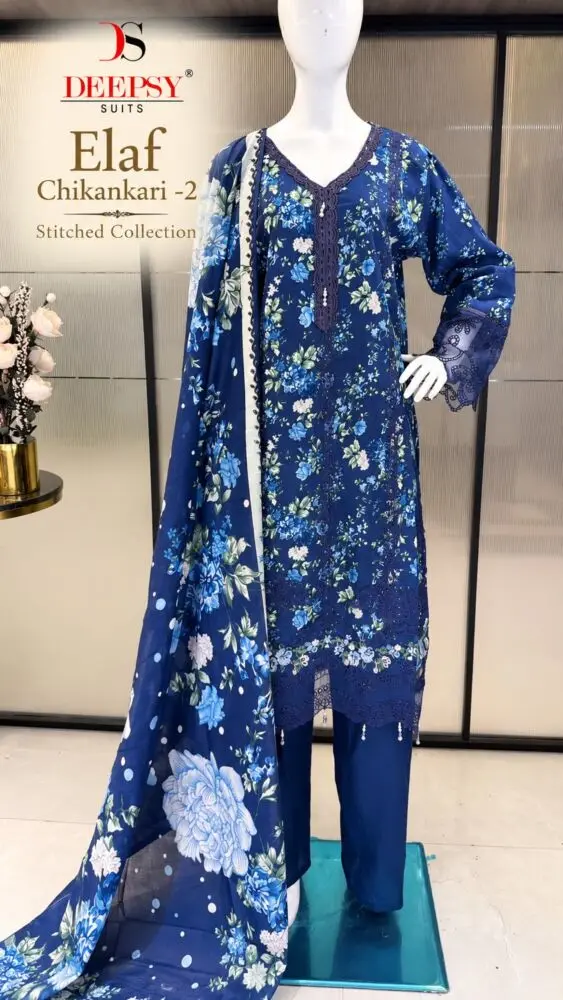 Deepsy Suits Elaf Chikankari 2 blue floral stitched cotton suit with printed dupatta