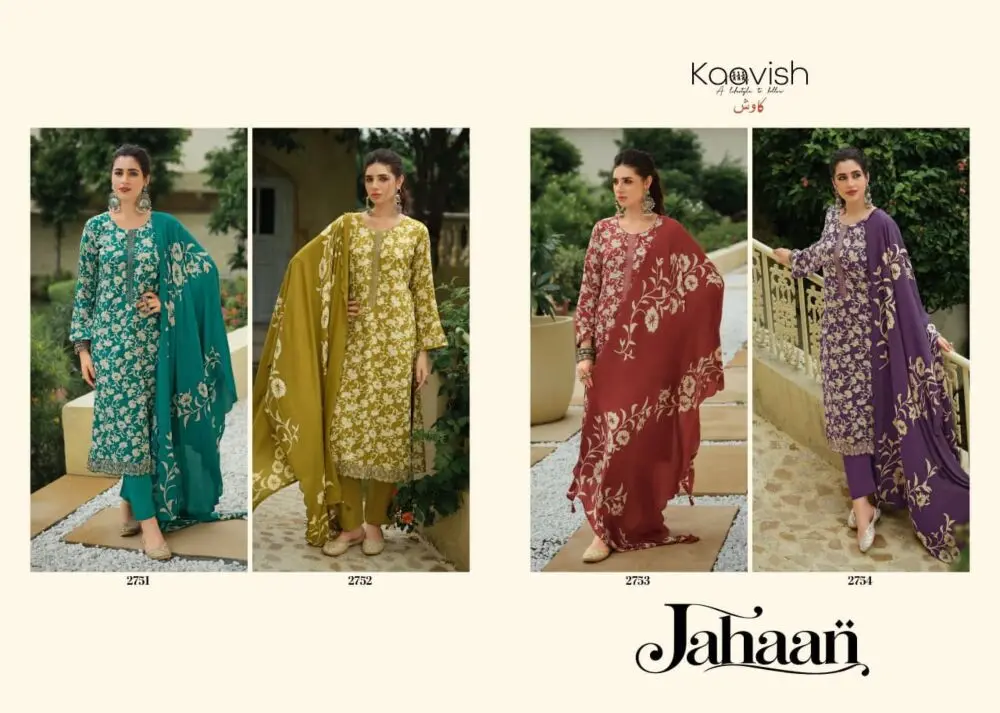Kaavish Jahaan collage of four designs 2751 to 2754 in teal, olive, rust and purple