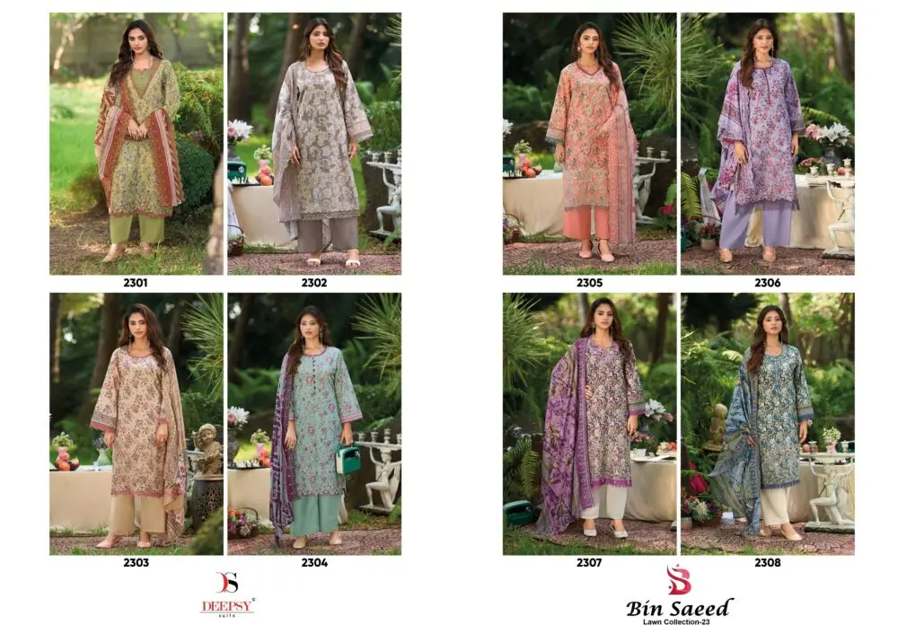 Bin Saeed Lawn Collection 23 collage of designs 2301 to 2308