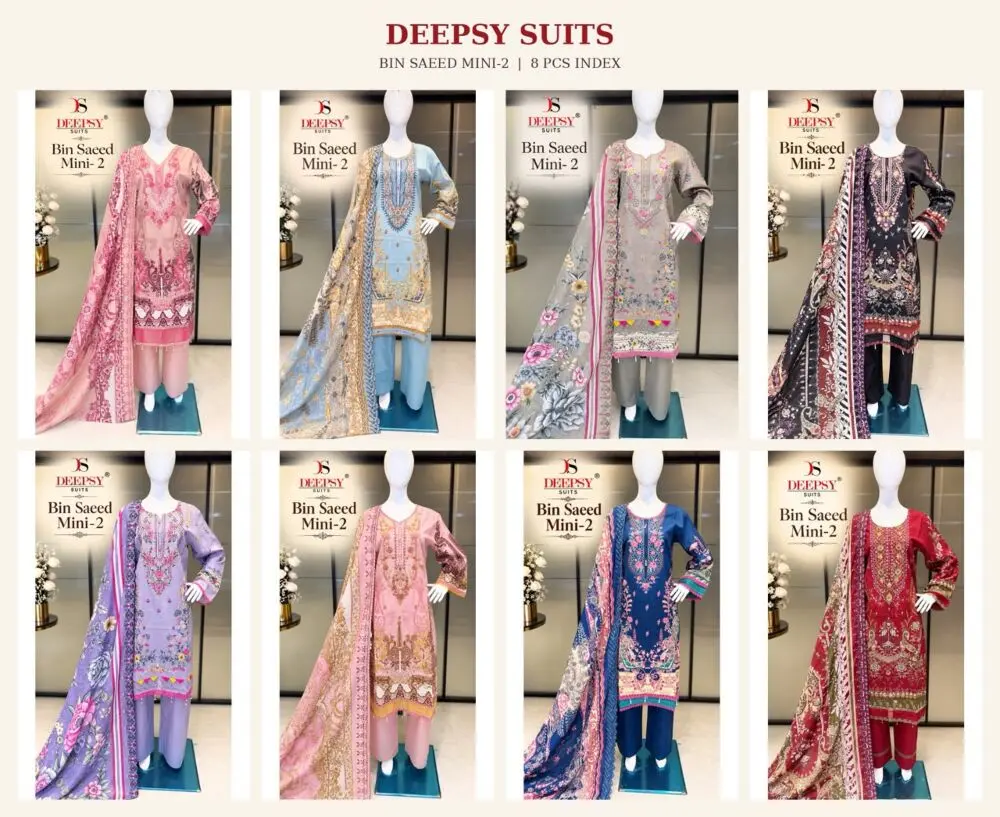 Deepsy Suits Bin Saeed Mini 2 catalogue index showing all eight stitched suit designs