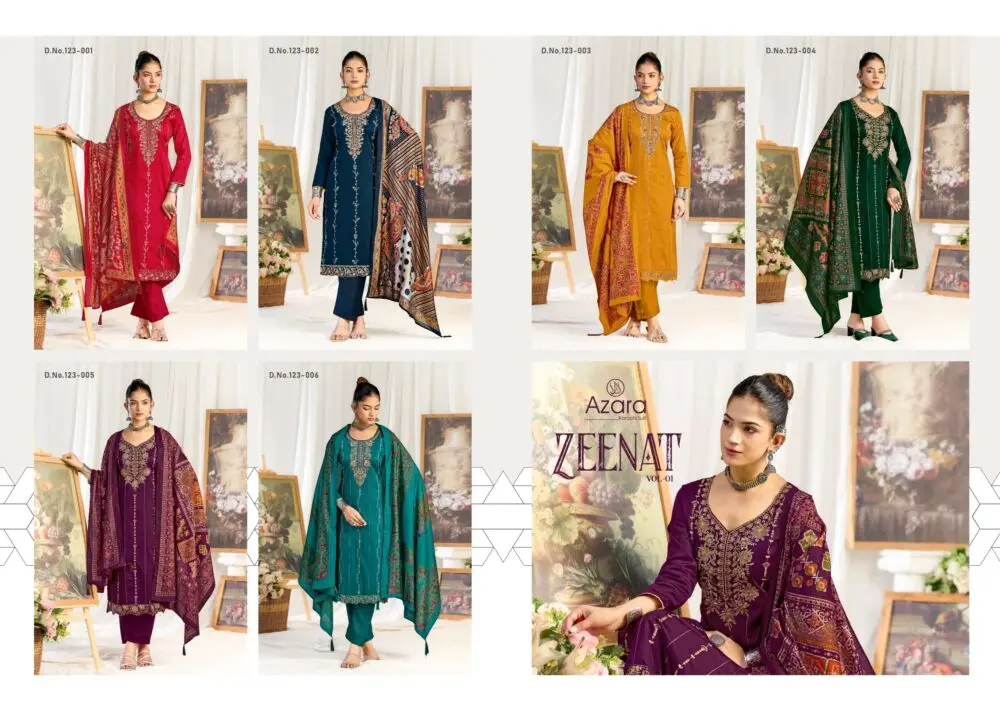 Azara Zeenat Vol 1 collage of six suit designs 123-001 to 123-006