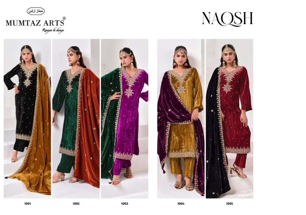 Mumtaz Arts Naqsh catalogue index showing all five velvet suits, designs 1001 to 1005