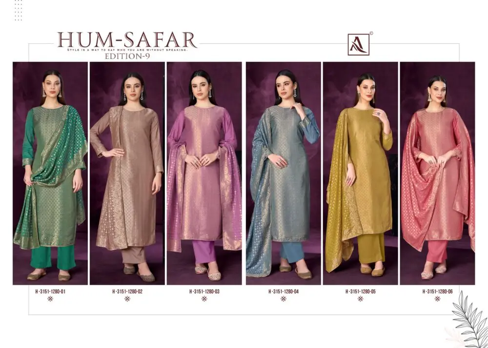 Alok Suit Hum Safar Edition 9 catalogue collage showing all six designs H-3151-1280-01 to 06