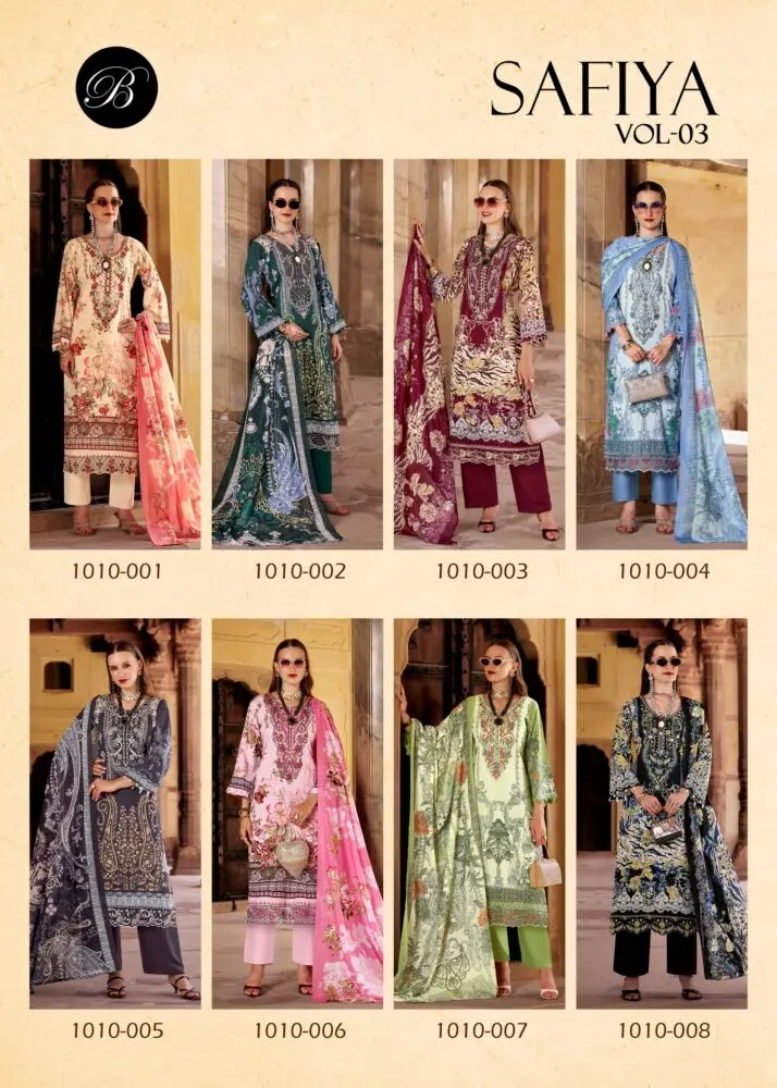 Belliza Safiya Vol 3 catalogue collage showing designs 1010-001 to 1010-008