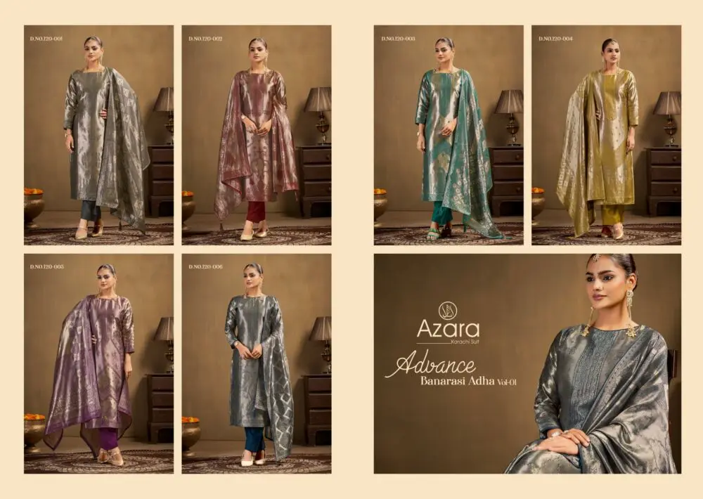 Azara Advance Banarasi Adha Vol 1 collage of six suits 120-001 to 120-006