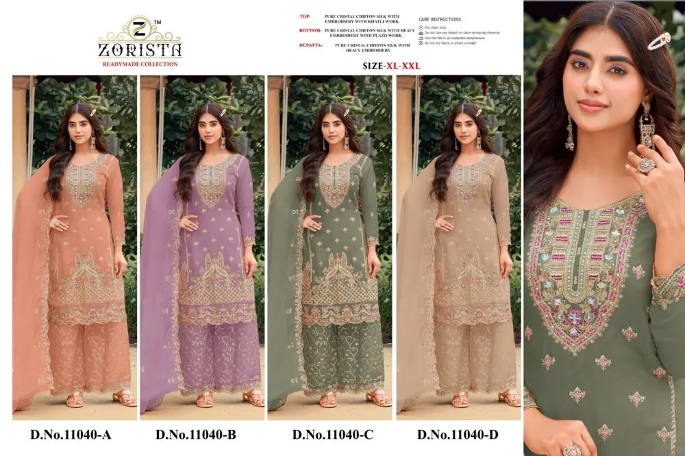 Zorista 11040 catalogue sheet showing four palazzo suit designs A to D and fabric details