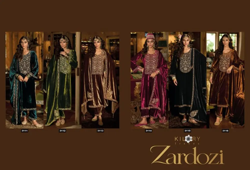 Kilory Trends Zardozi catalogue sheet showing velvet designs 3111 to 3116