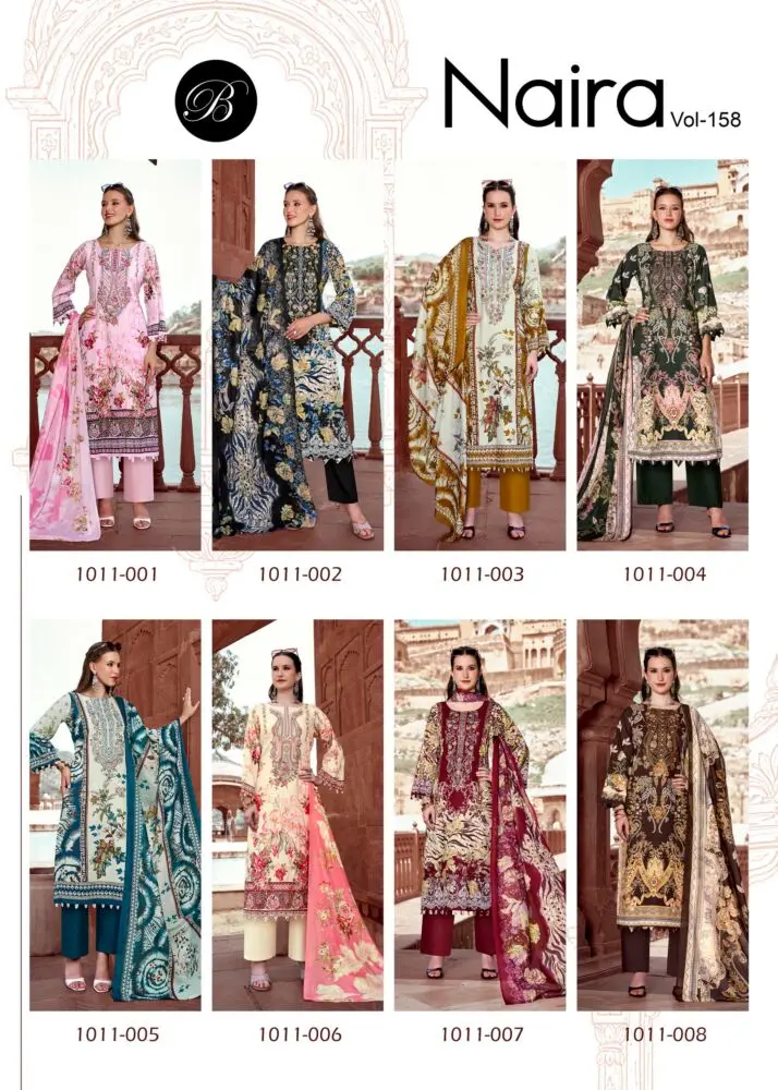 Belliza Naira Vol 158 catalogue collage showing all eight designs numbered 1011-001 to 1011-008