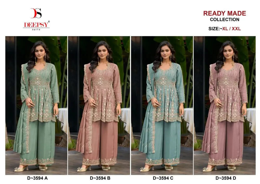 Deepsy D-3594 ready-to-wear collage showing four worked palazzo suits labelled A to D