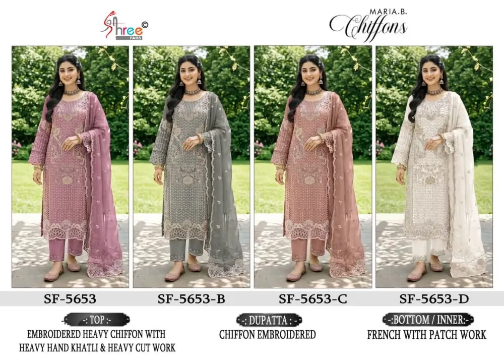 Shree Fabs SF-5653 four-colour chiffon suit catalogue collage
