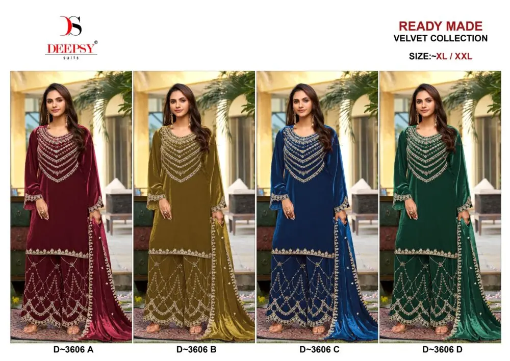 Deepsy Suits D-3606 four-design collage of ready-made ice velvet palazzo suits in burgundy, olive, blue and green