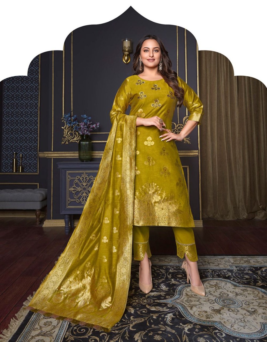 Woven Banarasi Silk Pakistani Suit in Grey - Ucchal Fashion